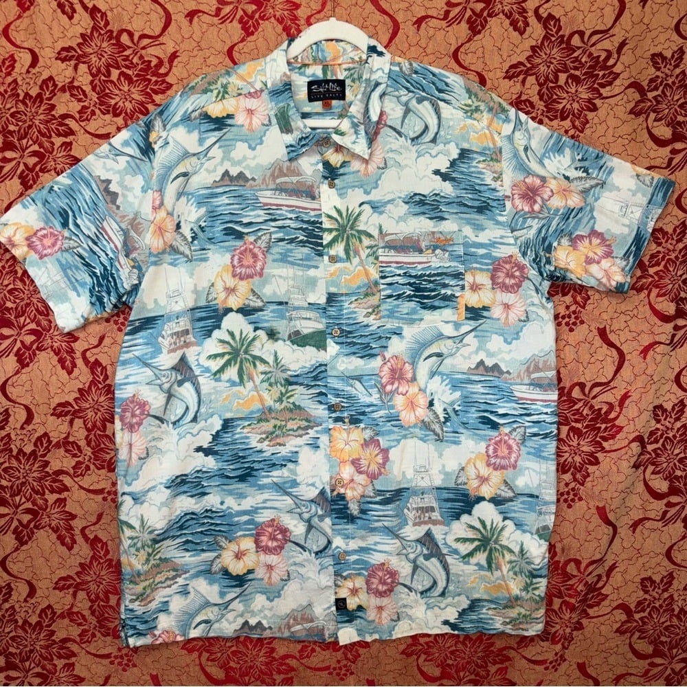 Salt Life Fishing Boat XL Marlin Luau Hawaiian Fish Print Shirt Limited Edition