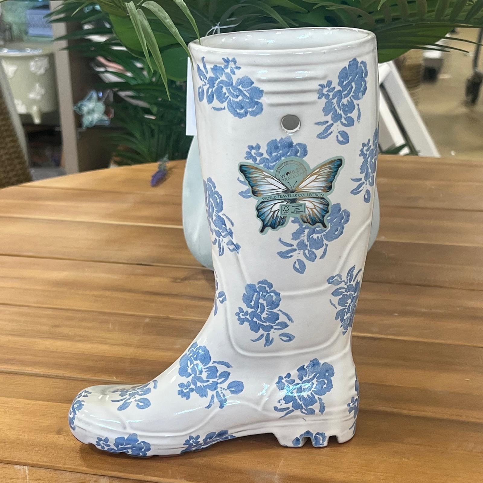 Ceramic blue floral rain boot world traveler vase ! Only ships in a bundle !!