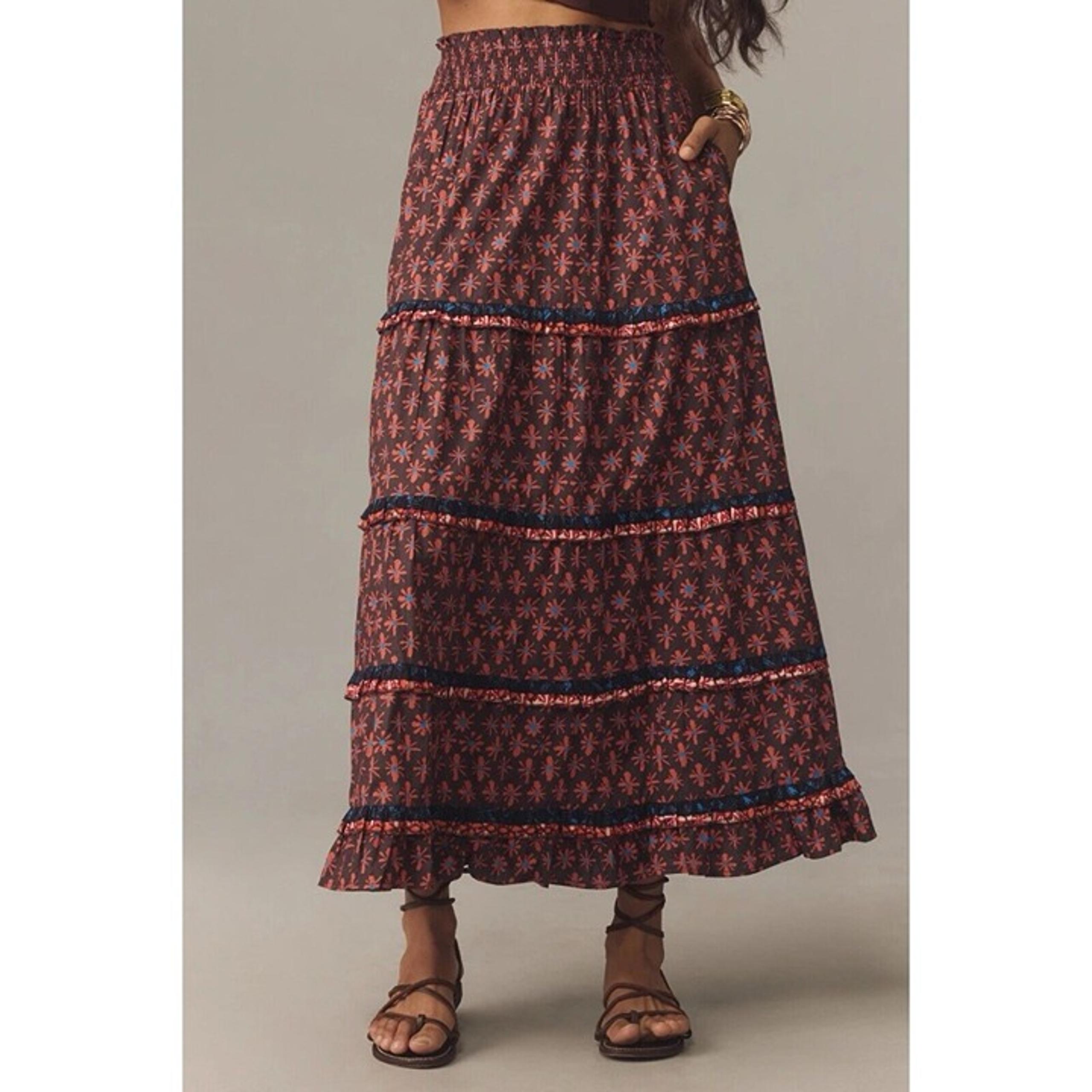 Anthropologie Genevieve Maxi Skirt Womens XL Brown Purple NEW $158 Tiered Cotton