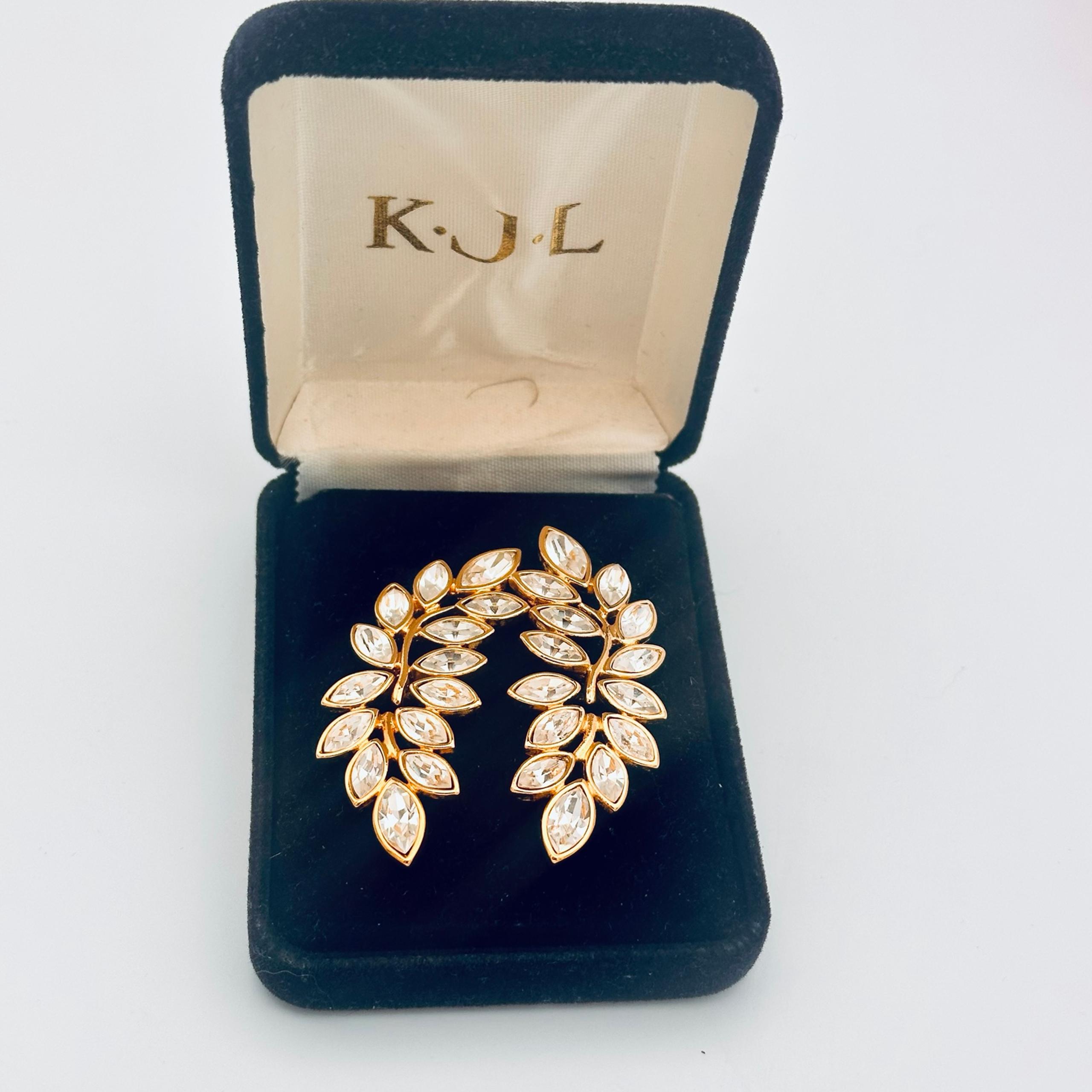 KENNETH JAY LANE MARQUISE CRYSTAL RHINESTONE LEAF DANGLE CLIP-ON EARRINGS