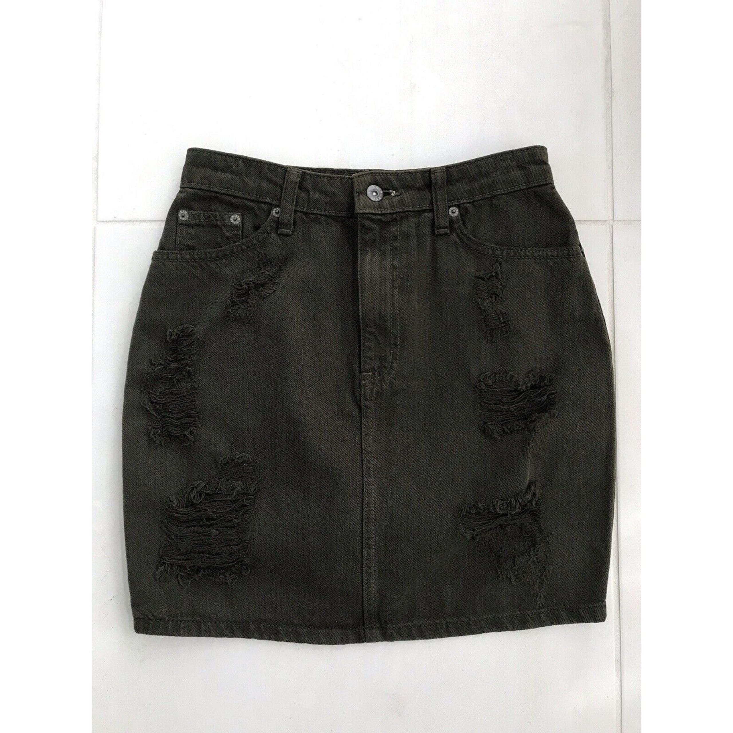 Distressed A-Line Cotton Denim Jean Mini Skirt Olive - Carmar