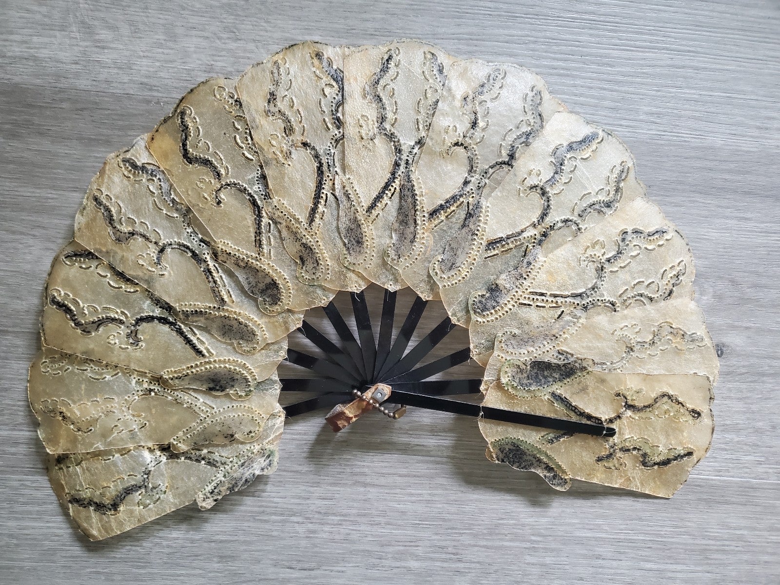 Rare/Vintage/Antique Pierced Vellum Hand Fan - 1880's - Dutch Indonesian.