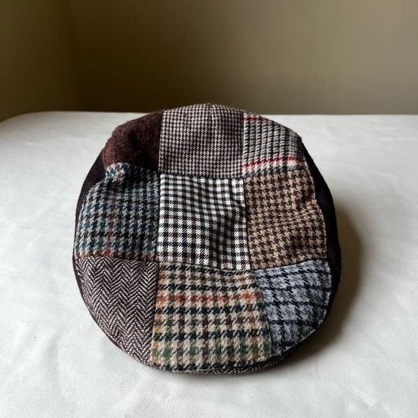 Men’s Patchwork Newsboy Cap Wool Blend Retro Irish Casual Brown Plaid Hat L/XL