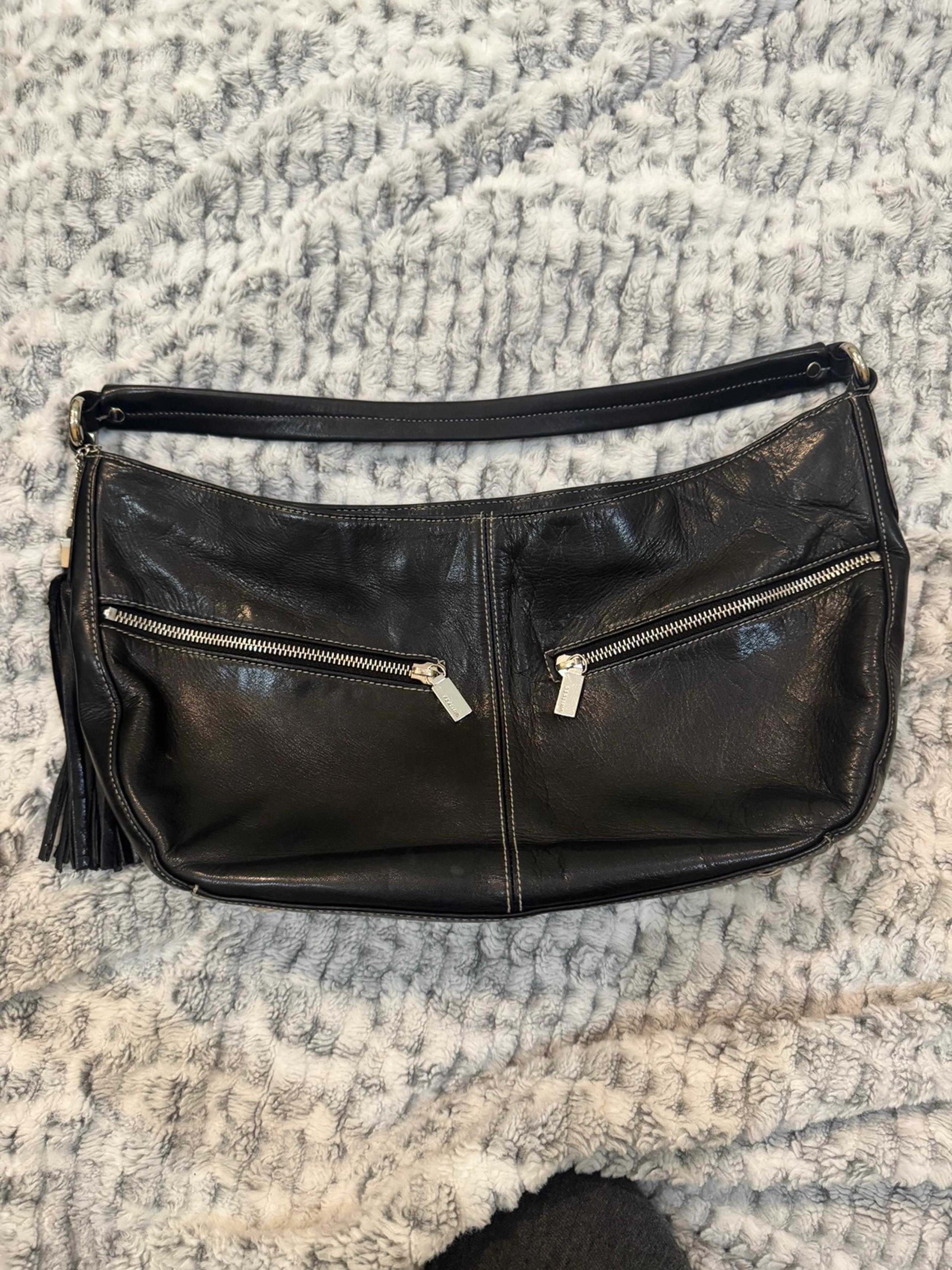 Perlina New York Black Leather Double Zip Front Pocket Shoulder Bag