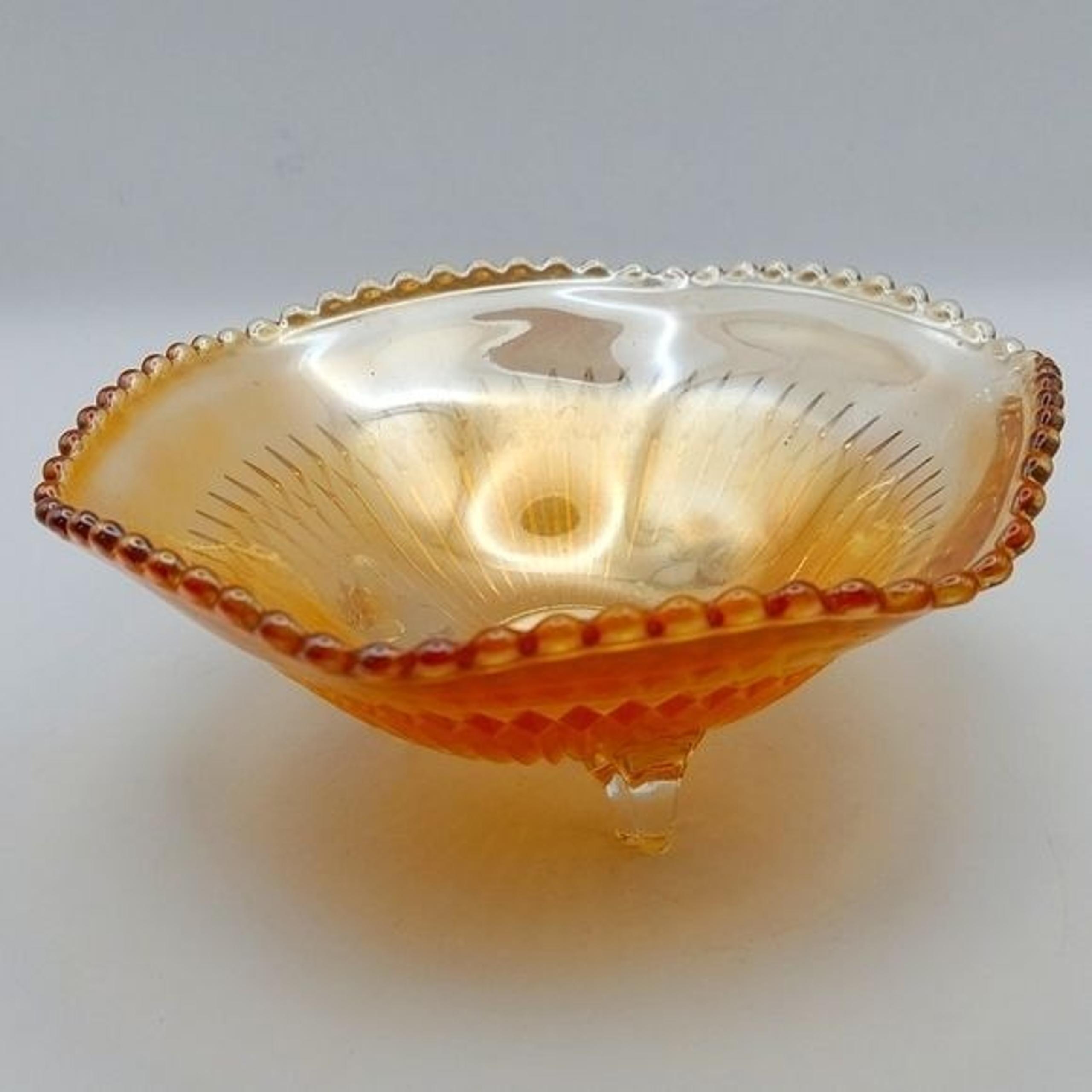 Vintage Jeanette Glass Iridescent Marigold Three Footed Carnival Glass Bowl