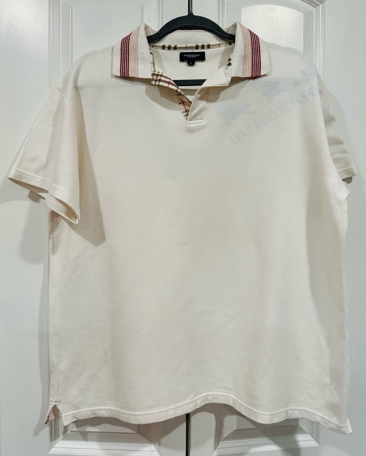 Burberry London White Polo Shirt Nova Check Details Classic Fit Men Size L Logo