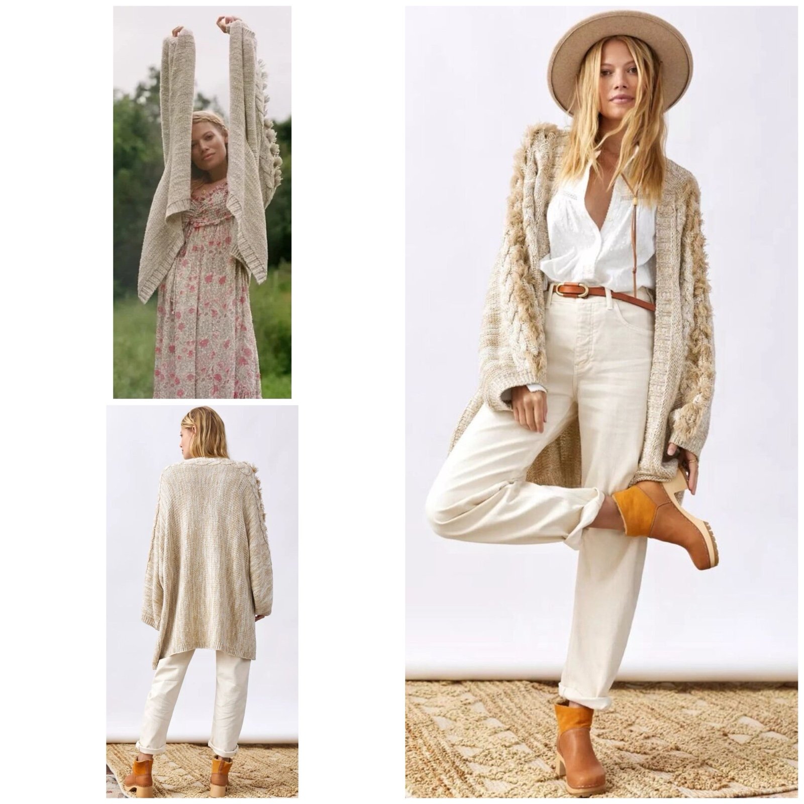 Anthropologie Braided-Sleeve Fringe Trim Marled Knit Open Cardigan One Size