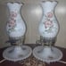 Vintage pair of Milk Glass Hurricane Lamps with Pink Flowers