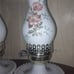 Vintage pair of Milk Glass Hurricane Lamps with Pink Flowers