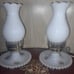Vintage pair of Milk Glass Hurricane Lamps with Pink Flowers