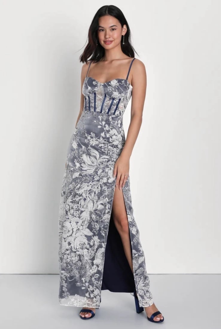 Lulus Navy Blue and White Floral Bustier Maxi Dress