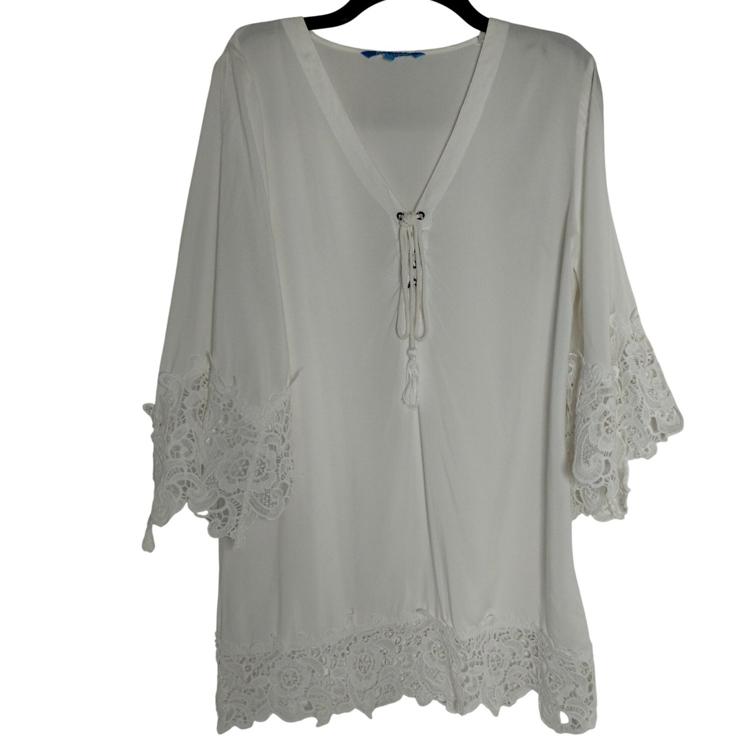 Blue Island Lace Trim Tunic Top Bell Sleeve Boho Festival White S Beach Coverup