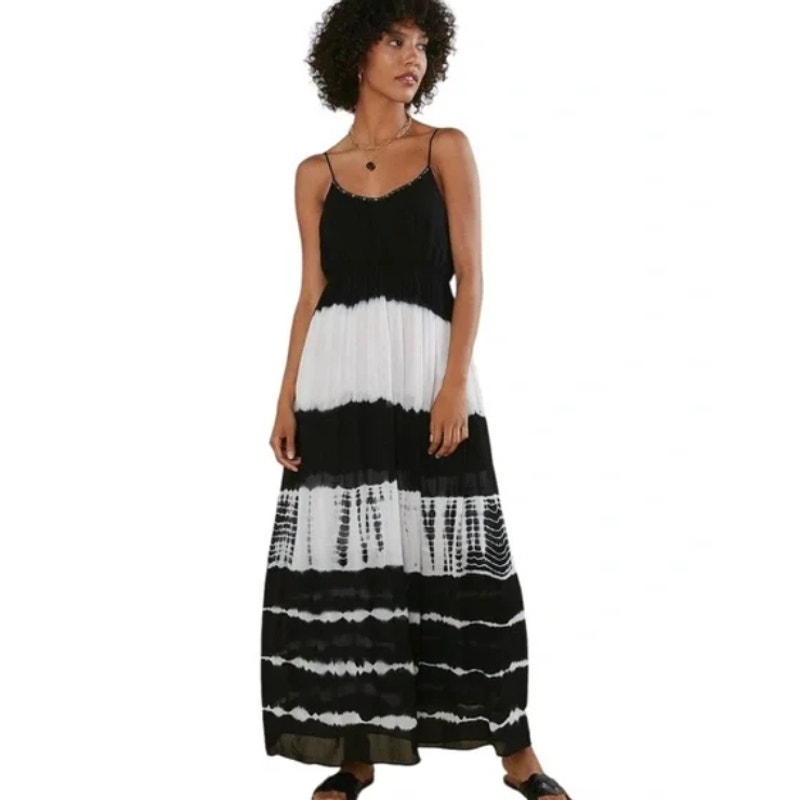 Anthropologie Aleah Tie Dye Maxi Dress Size Medium Black White Long