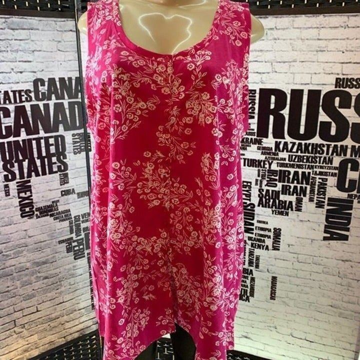 Woman Within 1X Pink Floral Print Button Detail Scoop Neck Step-Hem Tank Top