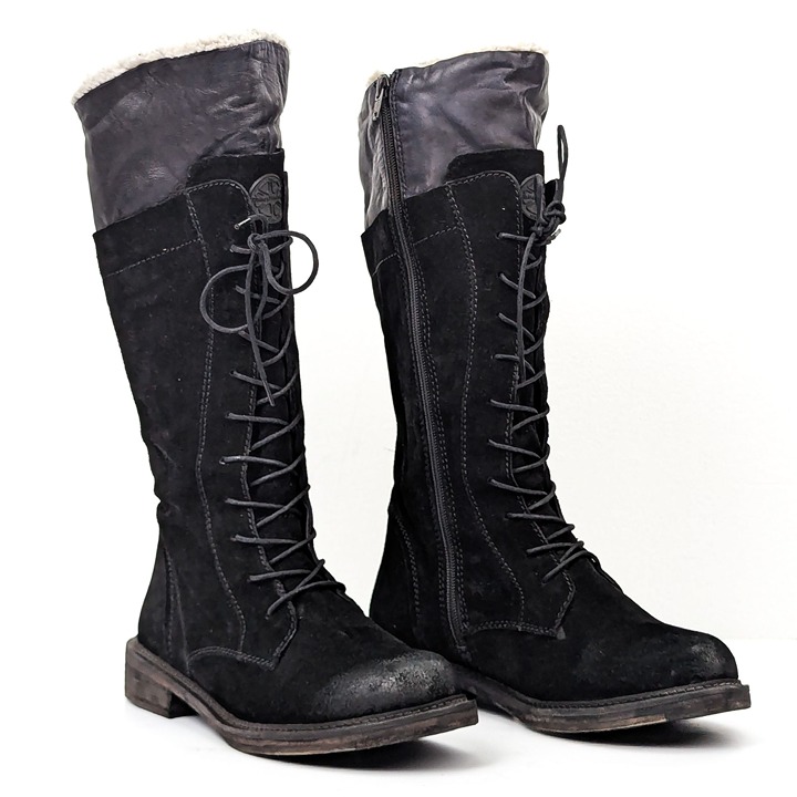 Vintage Foundry Women Black Suede Zip Lace-up Fleece Lined Tall boots sz 10