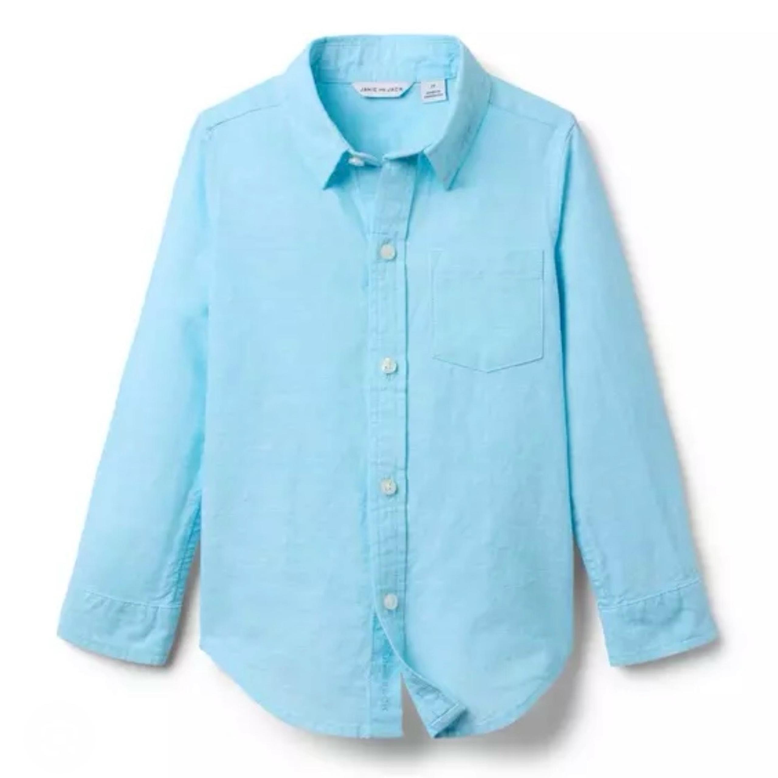 Janie and Jack Linen Shirt Button Down Front Up Light Teal Blue Sz 3 3T Roll Tab