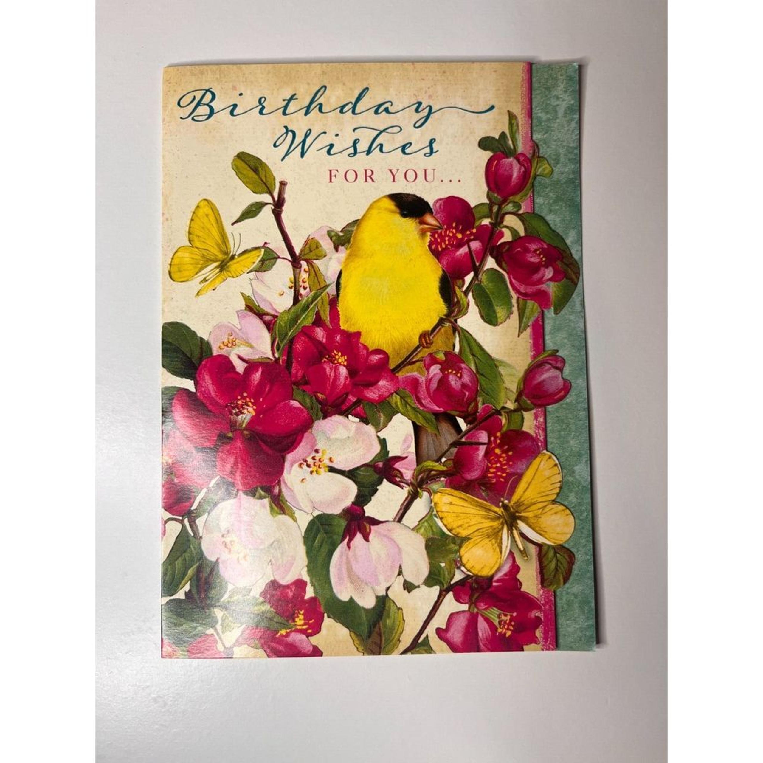 Garden Inspirations Yellow Bird Pink Flower & Butterflies Happy Birthday Card
