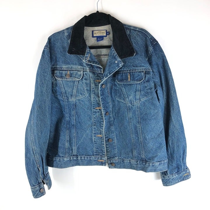 Ruff Hewn Mens Denim Jacket Vintage Retro Trucker Contrast Collar Made in USA M