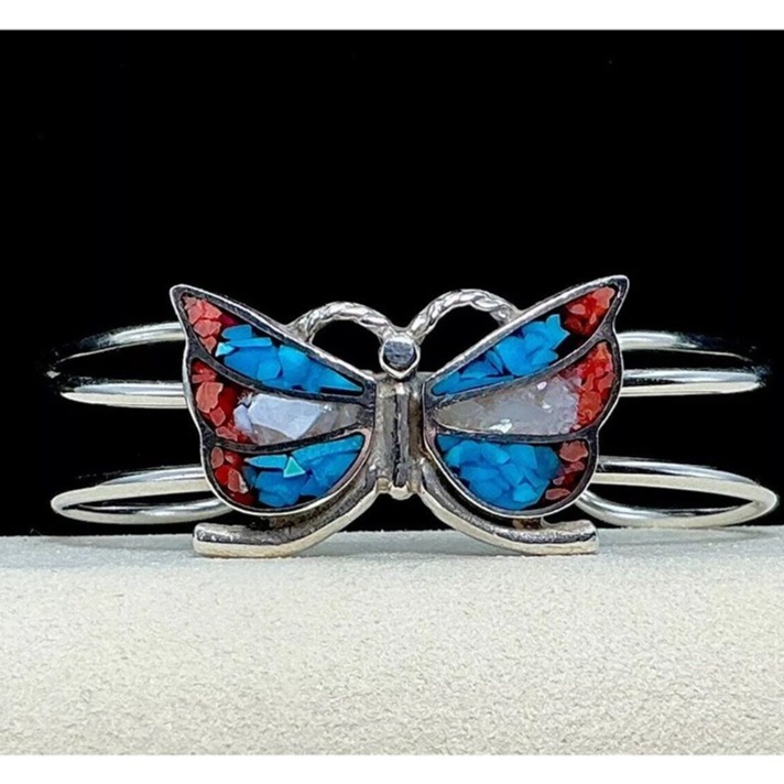 Sterling Silver Crushed Turquoise/ Coral Butterfly Cuff Bracelet 18 Gms 6.25