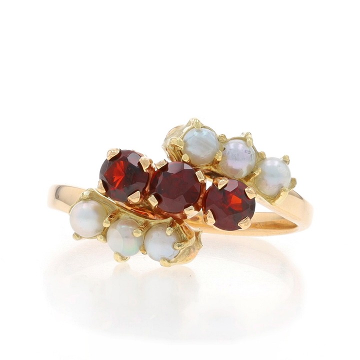 Yellow Gold Garnet Cultured Pearl Bypass Ring -14k .63ctw Three-Stone Euro V0542