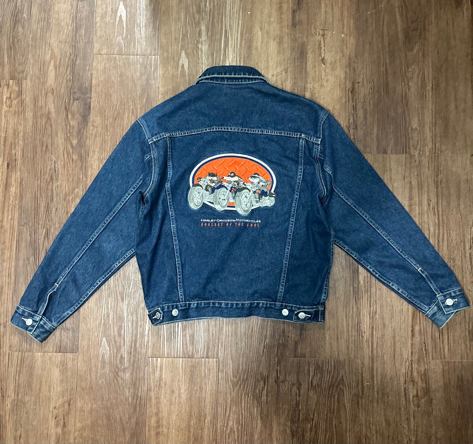 Vtg Warner Bros Harley Davidson Taz Looney Tunes Rough Riders Denim Jacket Small