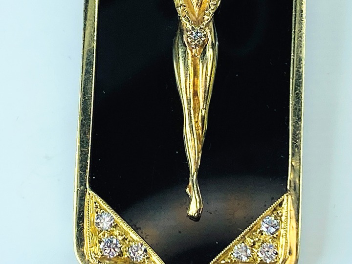 1970's 14K yellow gold onyx diamond pendant brooch 2.25 22.4