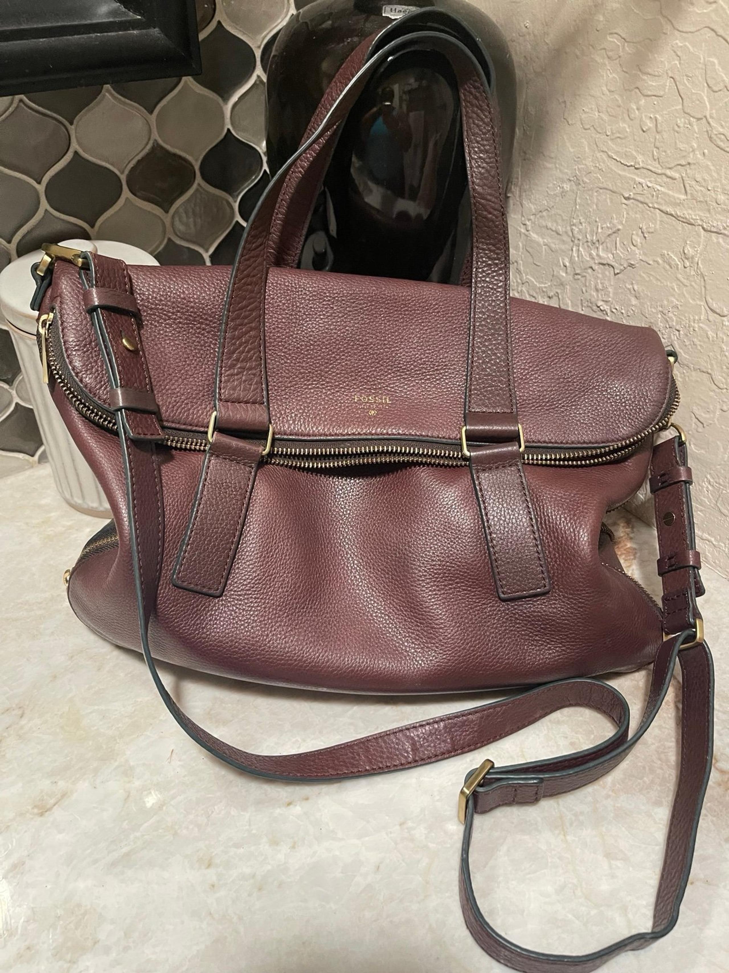 Fossil Preston expandable Brown Raisin leather satchel crossbody