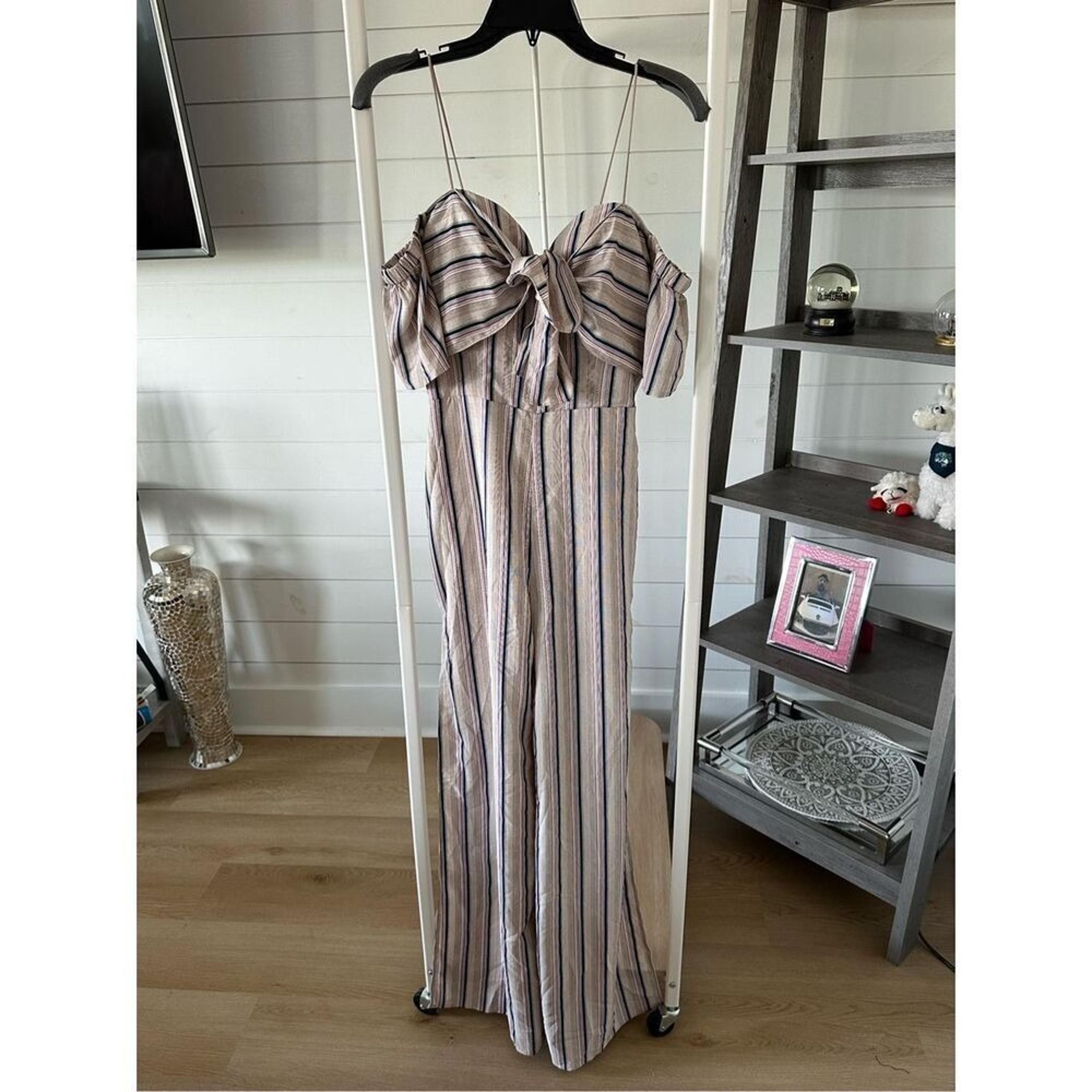 Hot Miami Styles pinstripe strappy jumpsuit flutter sleeves slit legs medium