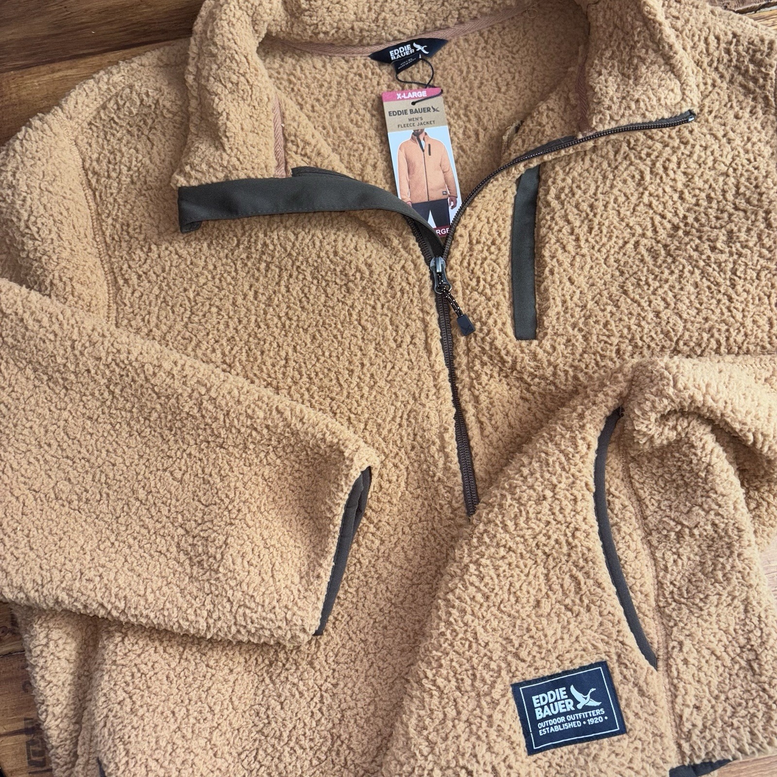Eddie Bauer Sherpa Fleece Jacket Men's XL Tobacco Brown Full Zip Mock Neck NEW
