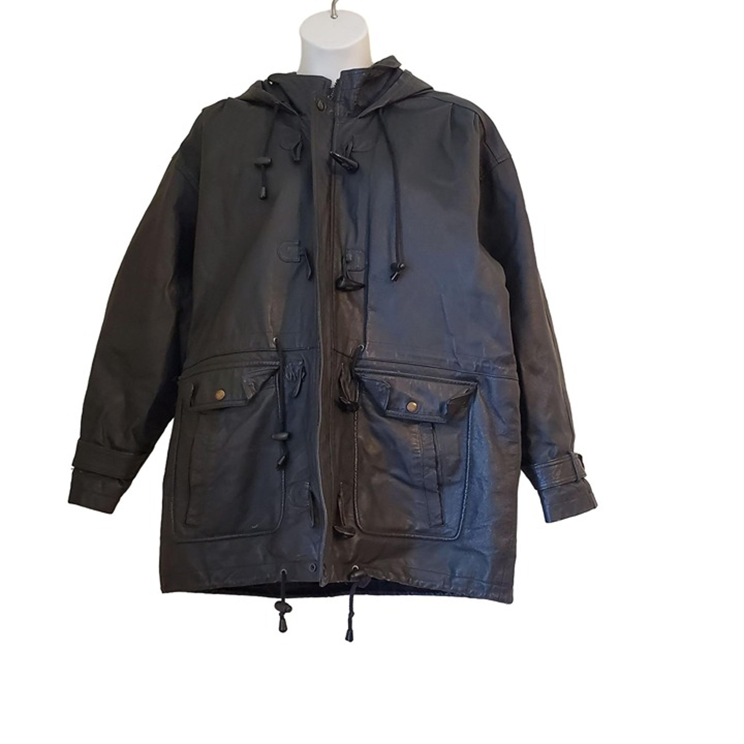 Wilsons L Black Leather Belted Trench Coat Pockets Hood Toggles