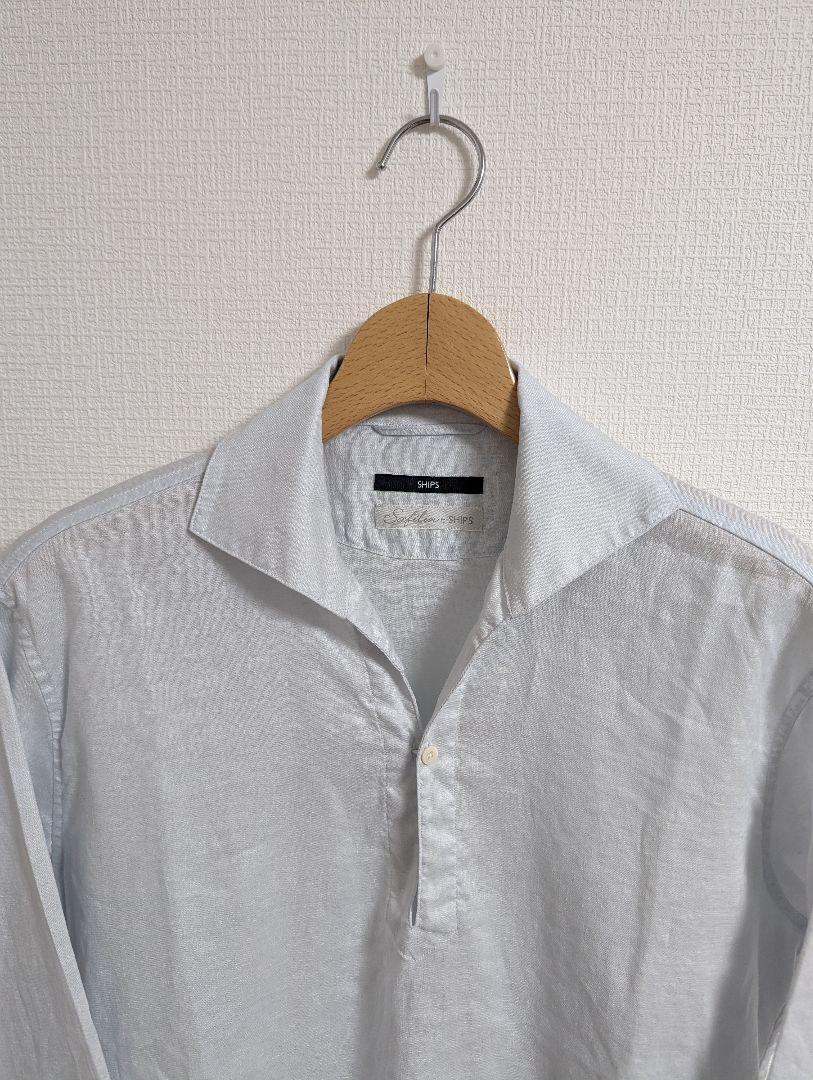 Excellent condition SHIPS shirt, Capri style, Safran linen, sax blue, three-quarter sleeves.