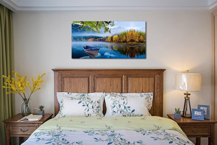 Lake Canvas Wall Art Blue Mountain Sky Nature Landscape Picture Boat Artwork Mod