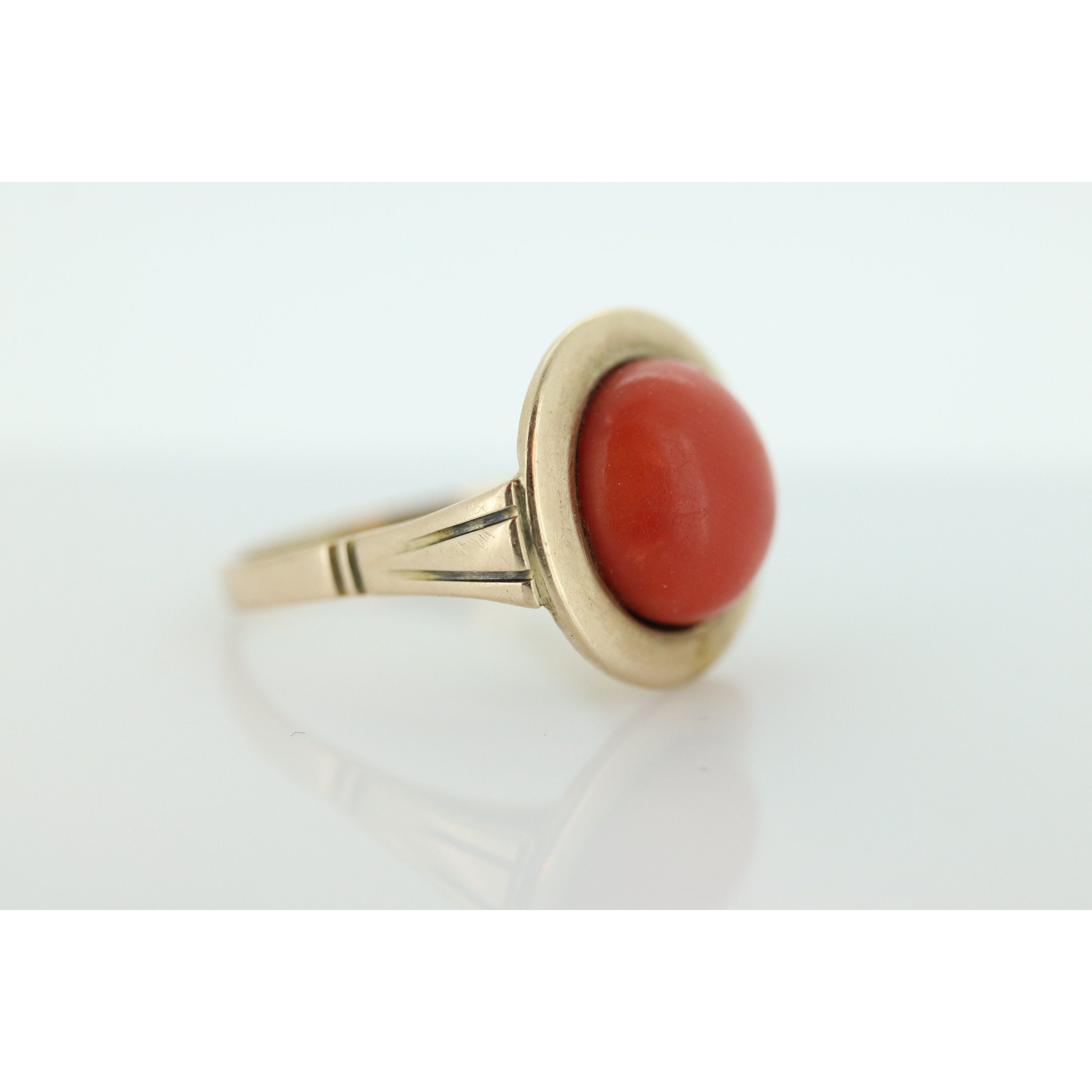 8k Large Round Orange CORAL ring. 8k Bubble Coral Cabochon bezel set Dome state