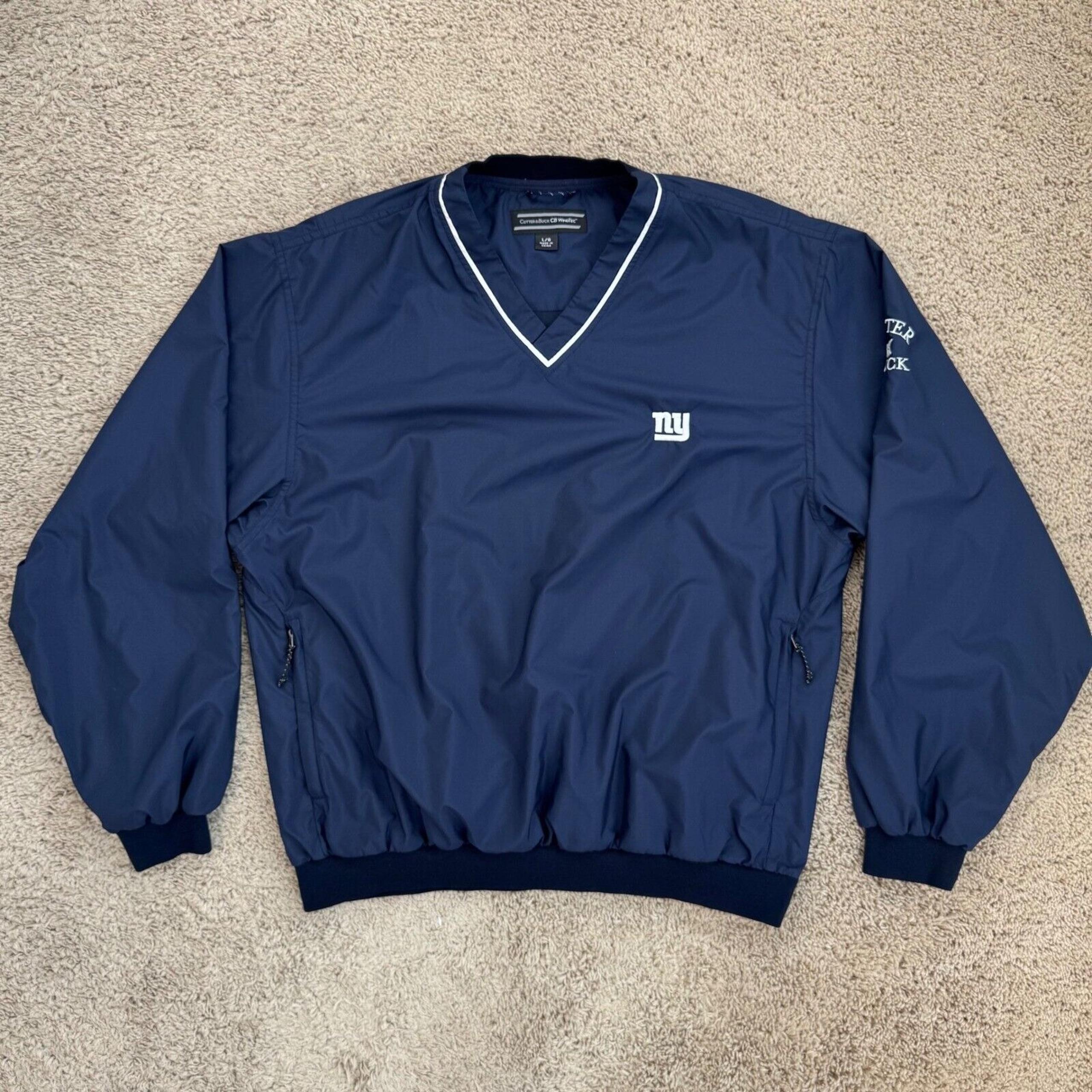 NY Giants Cutter & Buck Pullover Windbreaker Men L Blue Check Logo V-Neck Jacket