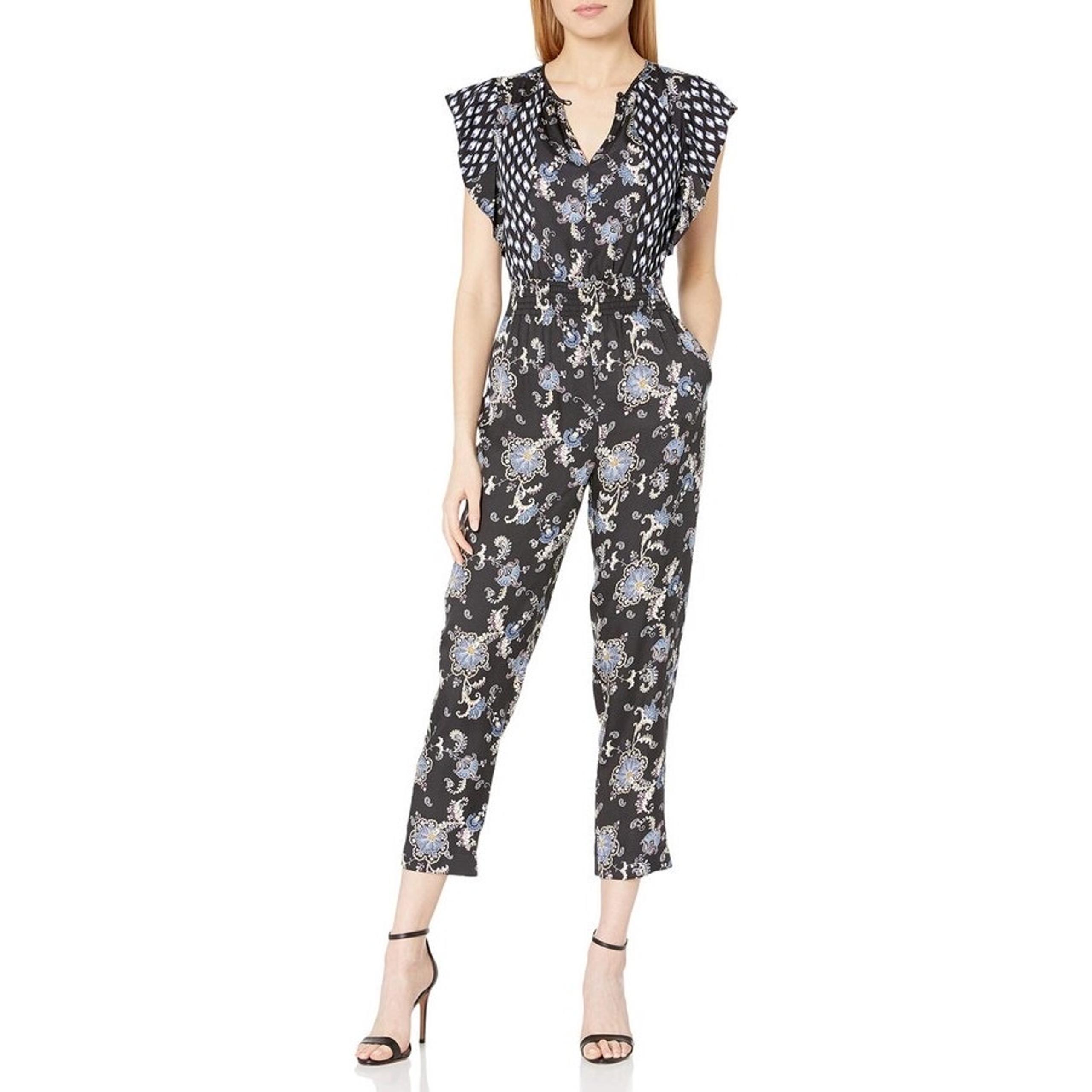 REBECCA TAYLOR Black Navy Floral Paisley Print Silk Blend Jumpsuit Romper Size 6