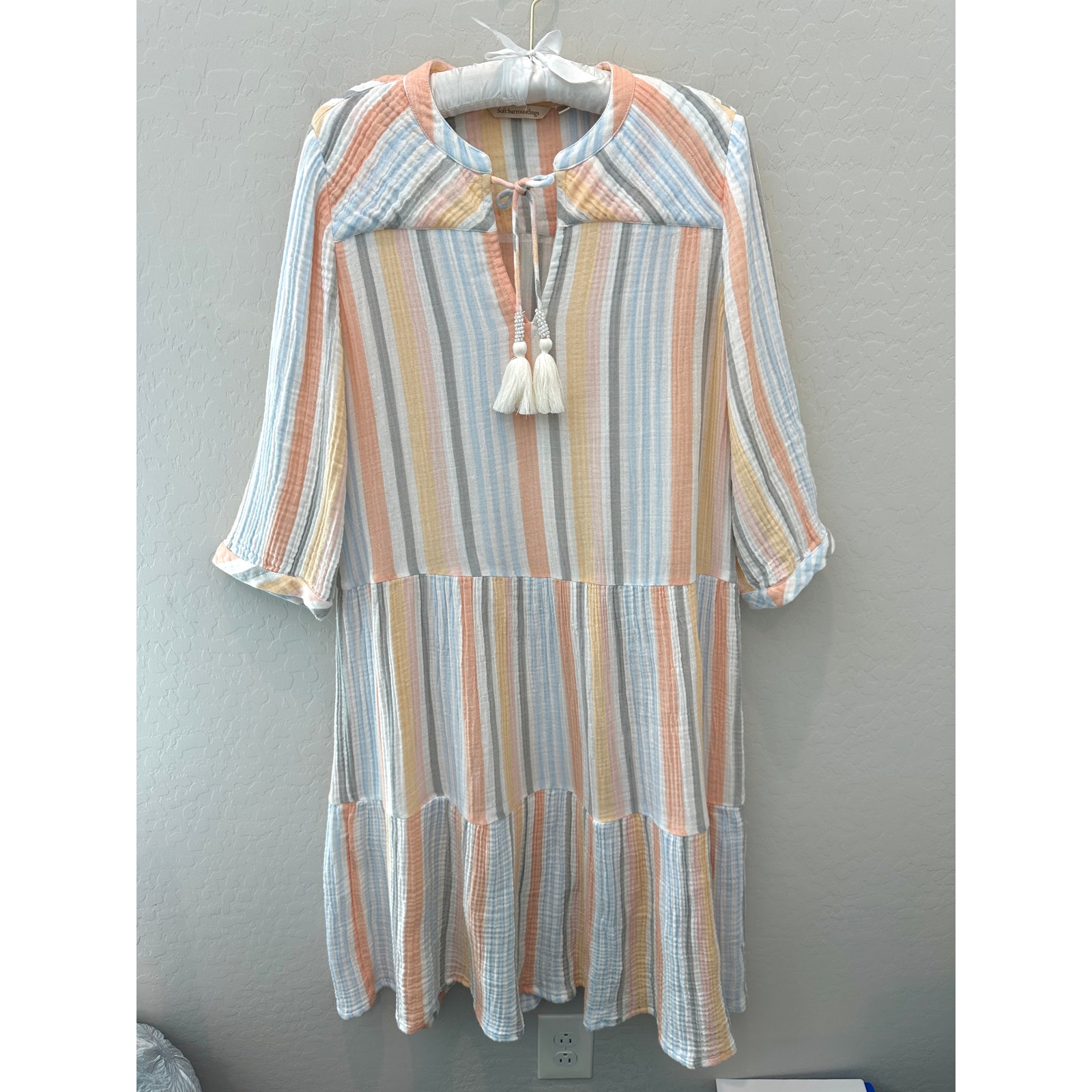 SOFT SURROUNDINGS | Laguna Cotton Gauze Striped Resort Tassel Maxi Dress | Small