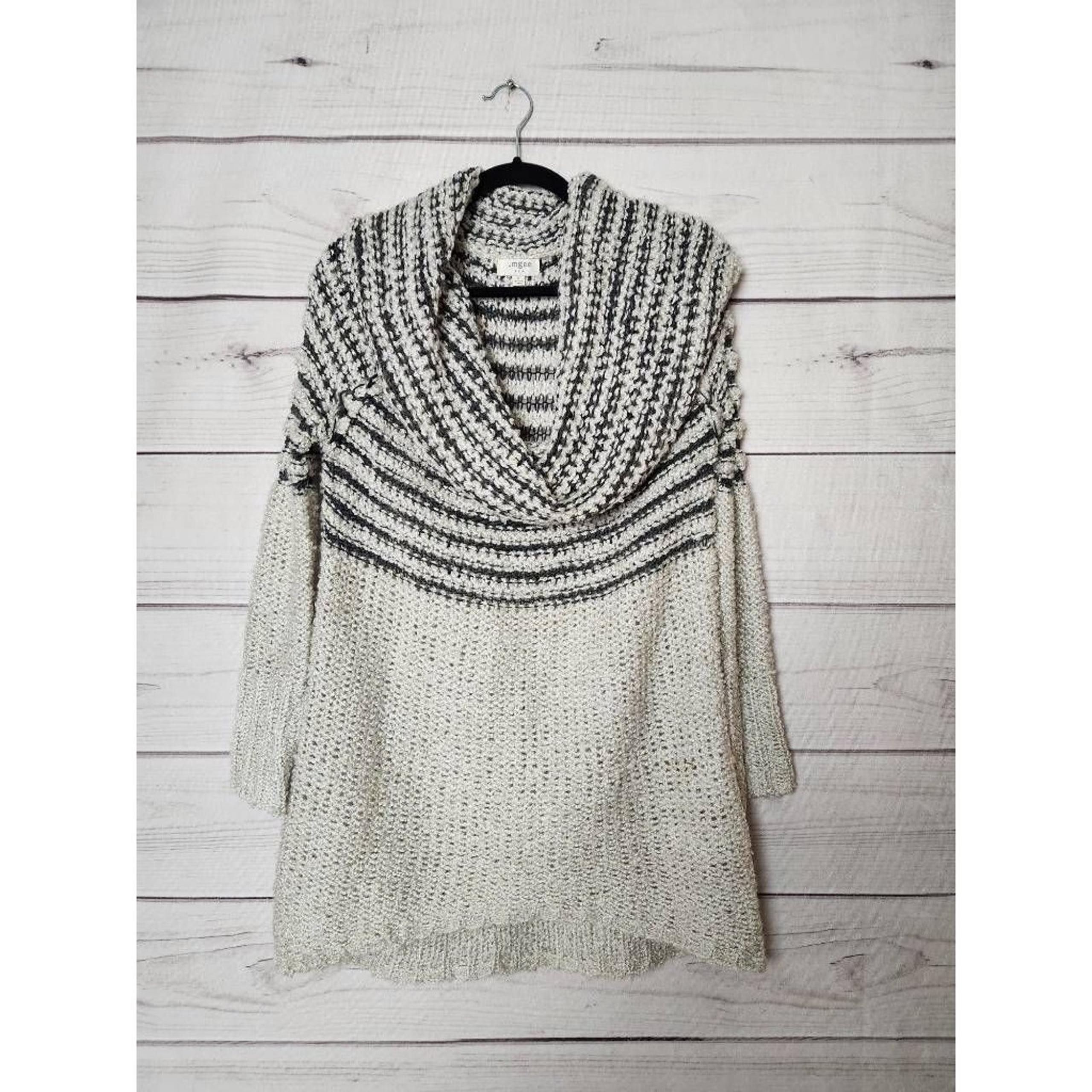 Umgee Womens Tunic Sweater Off White Black Striped Long Sleeve Cowl Neck Knit S