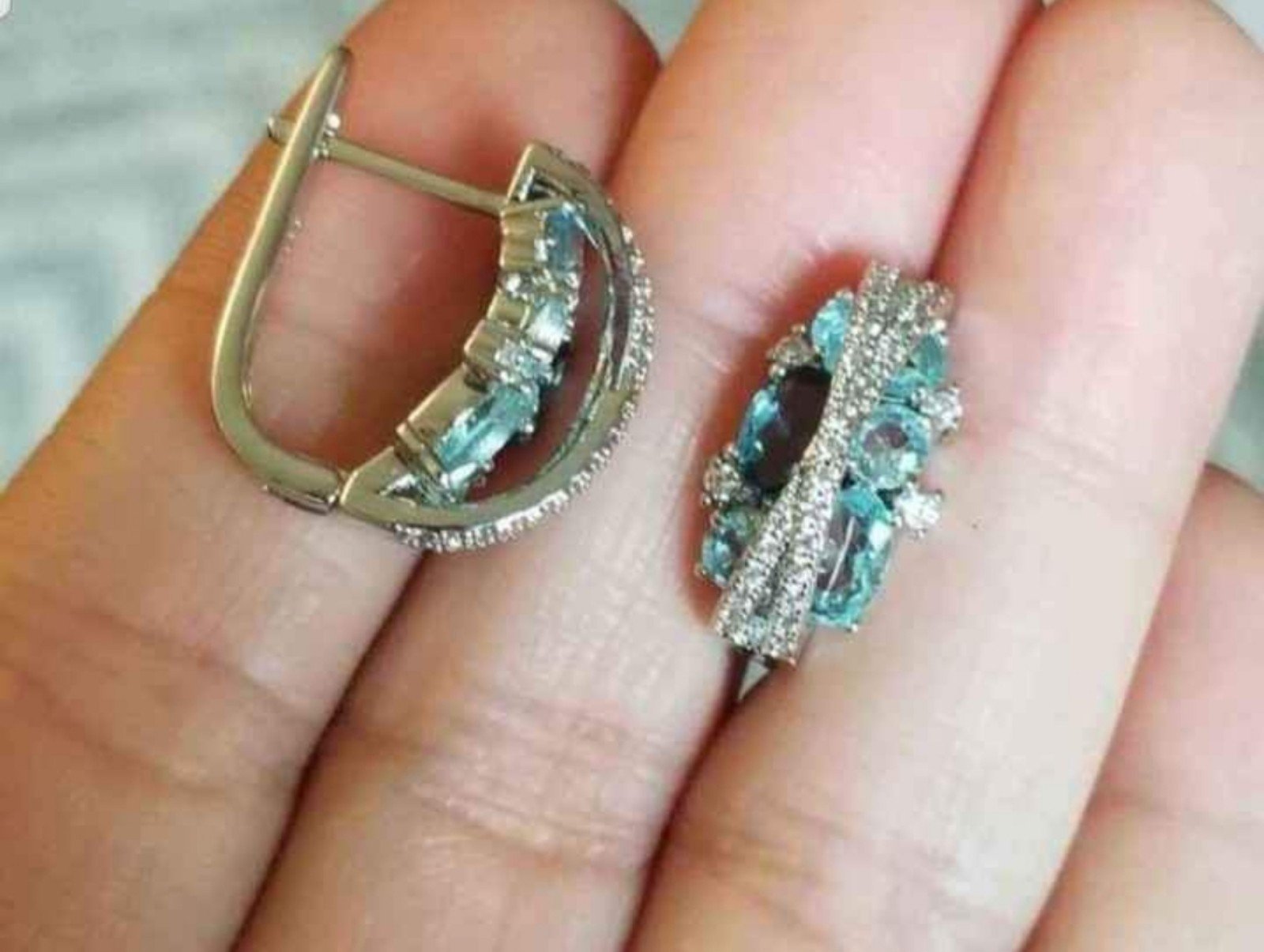 New 925 Silver Blue Sapphire Aquamarine Diamond Hoop Earrings for Women