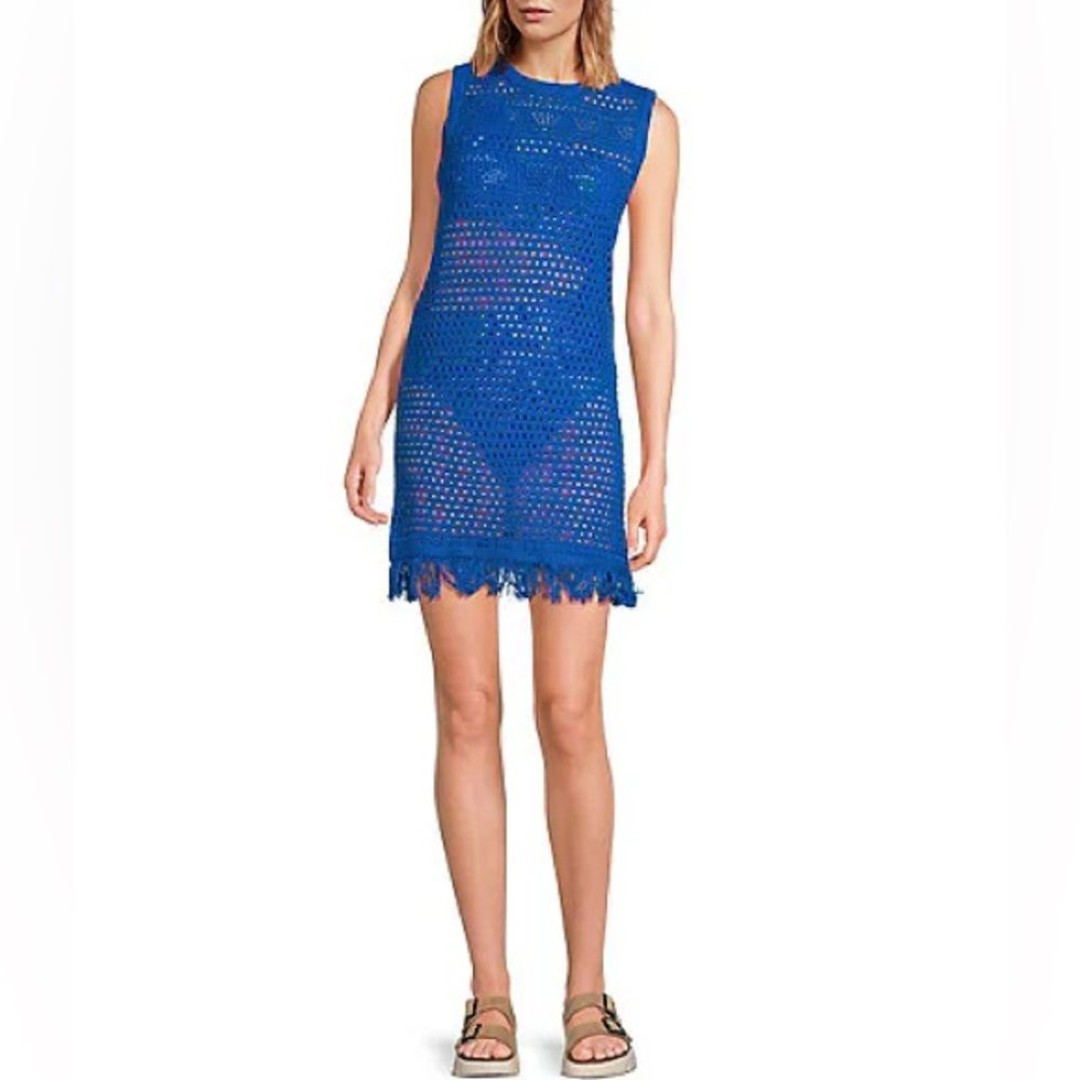 NWT- Anna & Ava Aqua Blue crocheted beach cover-up with fringe