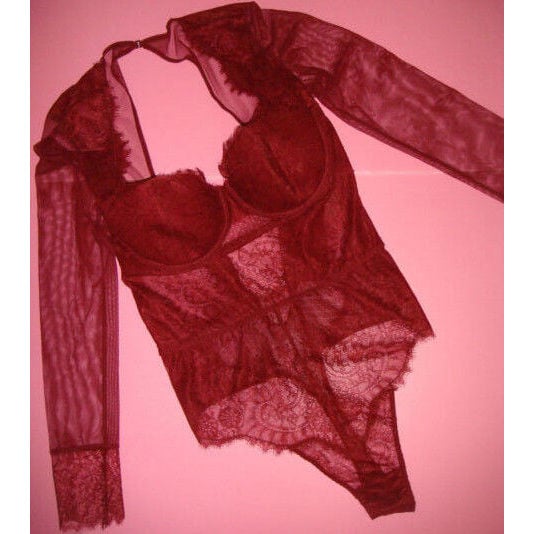 Victoria's Secret 36D TEDDY BODYSUIT one-Piece long-sleeve RED burgundy lace
