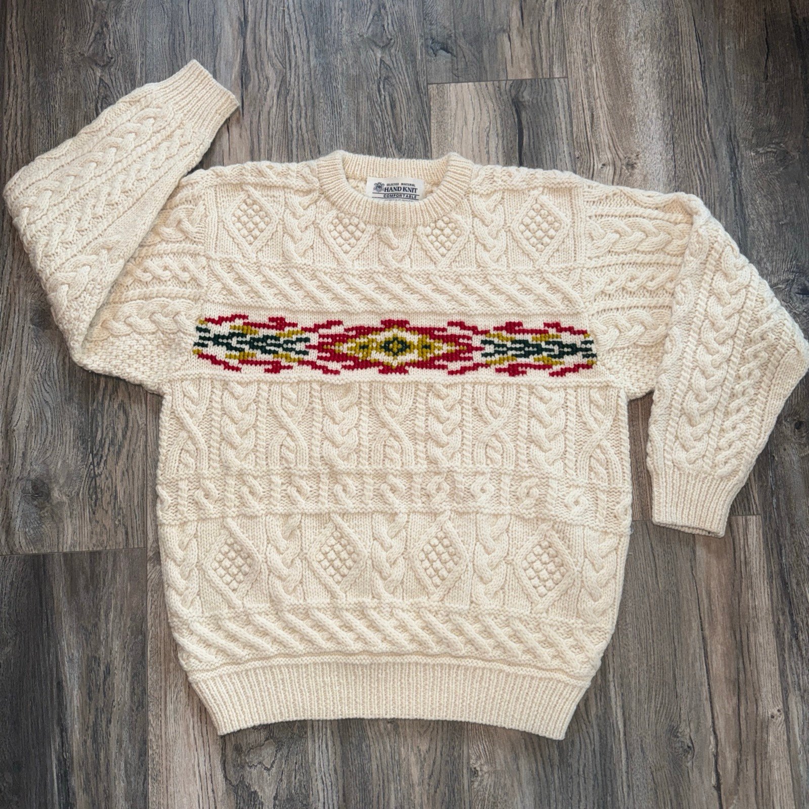Taka Q Chunky Hand Knit Sweater 100% Wool Selected Material Cable Preppy Sz L