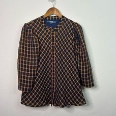 Eva Franco Anthropologie Top Blouse Blue Textured Plaid Puff Sleeve Size 12