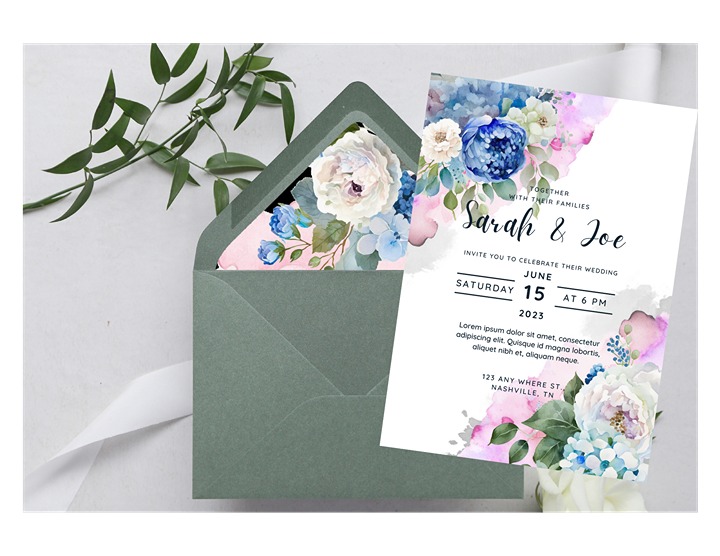 Pink Watercolor & Blue Hydrangea Wedding Invitation and Matching RSVP-Set of 50