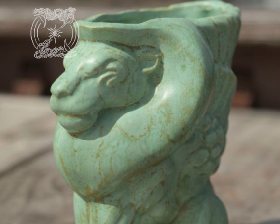 Winged Lion Ceramic Planter | Rustic Vessel Container | Vintage Ancient Decor
