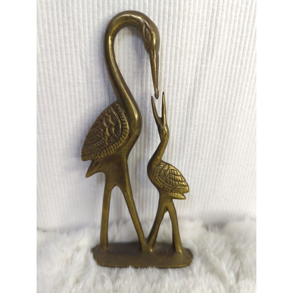 Vintage Small Brass Mother Crane Feeding Baby Crane Very Rare