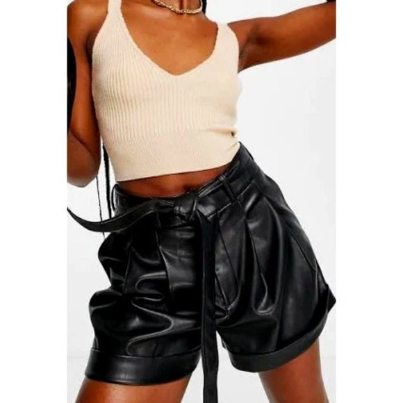 CHIC & SEXY Leather High Waist Paperbag Shorts in Black