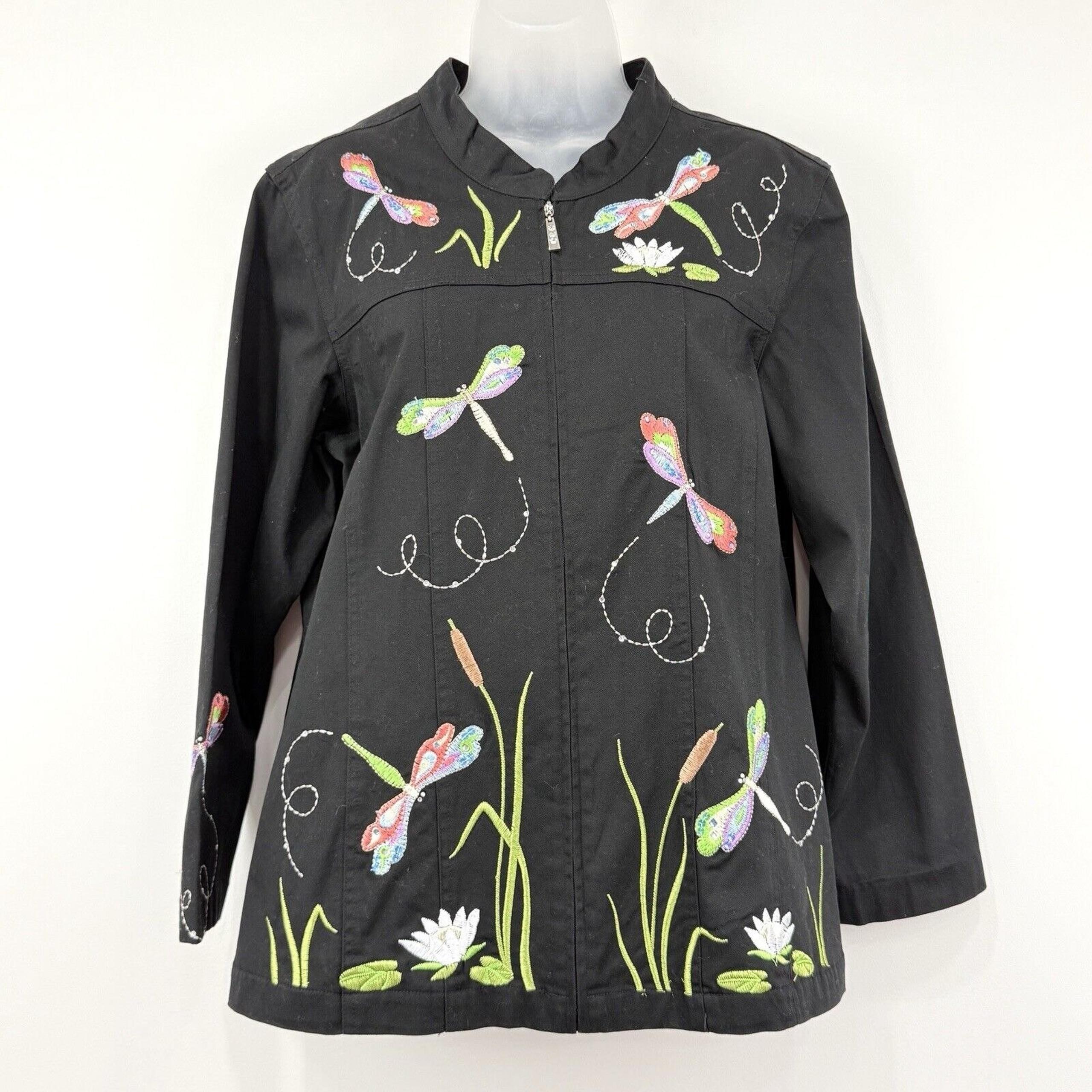 Quacker Factory Jacket Women's XL Dragonfly Full Zip Embroidered Artsy Embellish