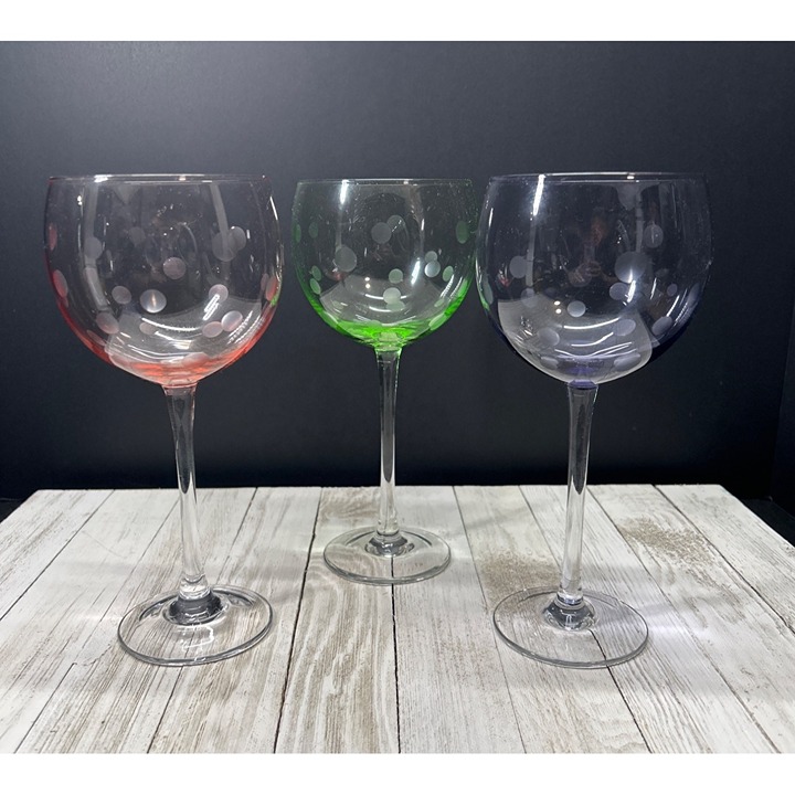 Vintage Balloon Goblets Wine Glasses w/ Etched Polka Dots 8.5'' Tall- Set of 3