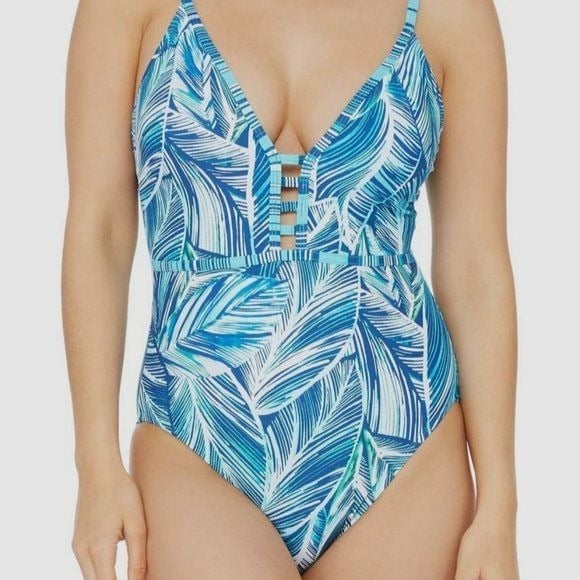 LA Blanca Women's Blue Printed Sketched Lace Up One Piece Swimsuit, Size 10