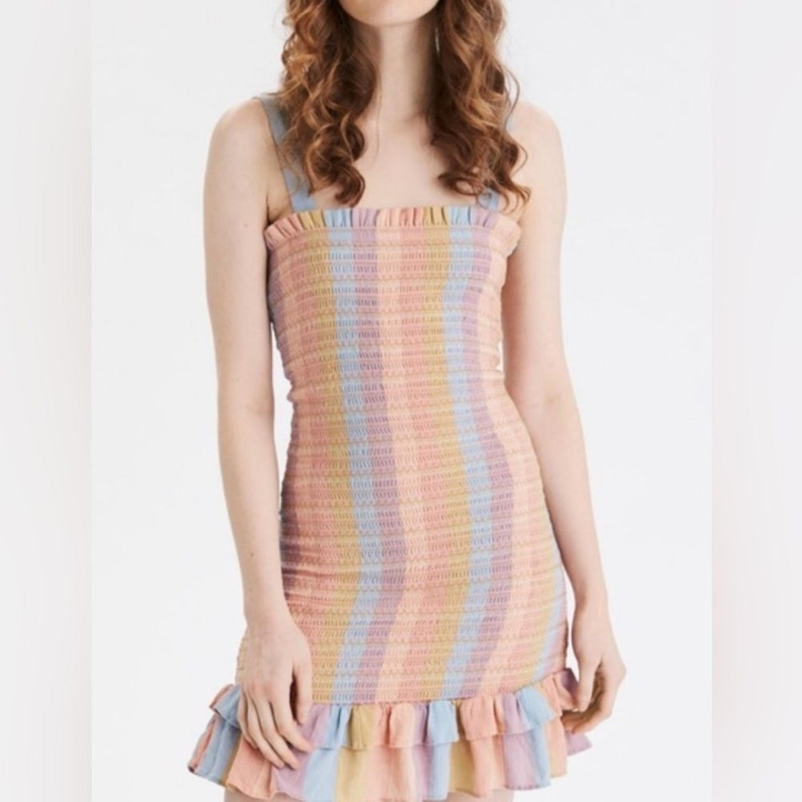 NWOT American Eagle Pastel Multicolor Striped, Smocked Ruffle Bodycon Dress.
